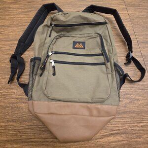 UNISEX Green Brown 100% Polyester/PVC Backpack w/Multi-Zipper Closures - Large